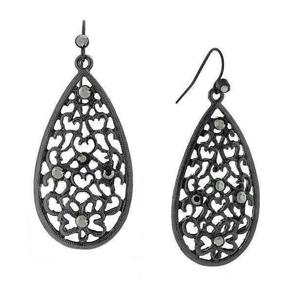 1928 Jewelry Hematite Color Filigree Teardrop Drop Earrings