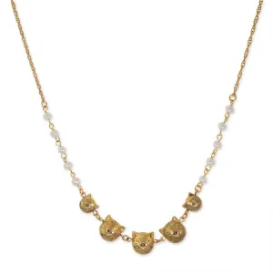 1928 Jewelry Multi Cat Face With Faux Pearl Chain Necklace 16"   3" Extender