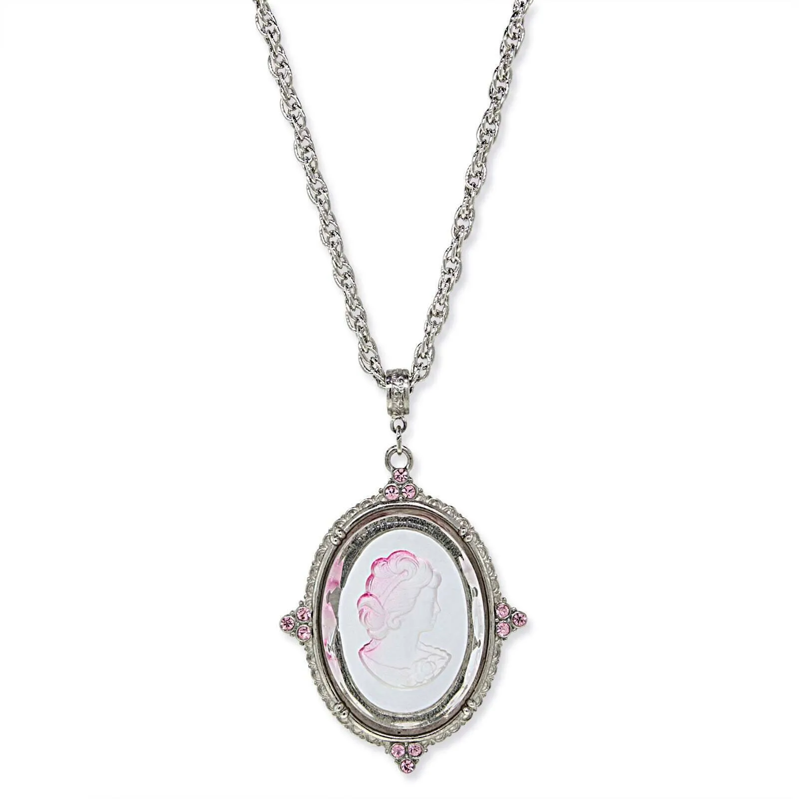 1928 Jewelry Oval Frosted Glass Intaglio Crystal Pendant Necklace 30"