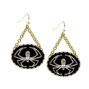 1928 Jewelry Round Spider With Black Enamel Chain Drop Wire Earrings