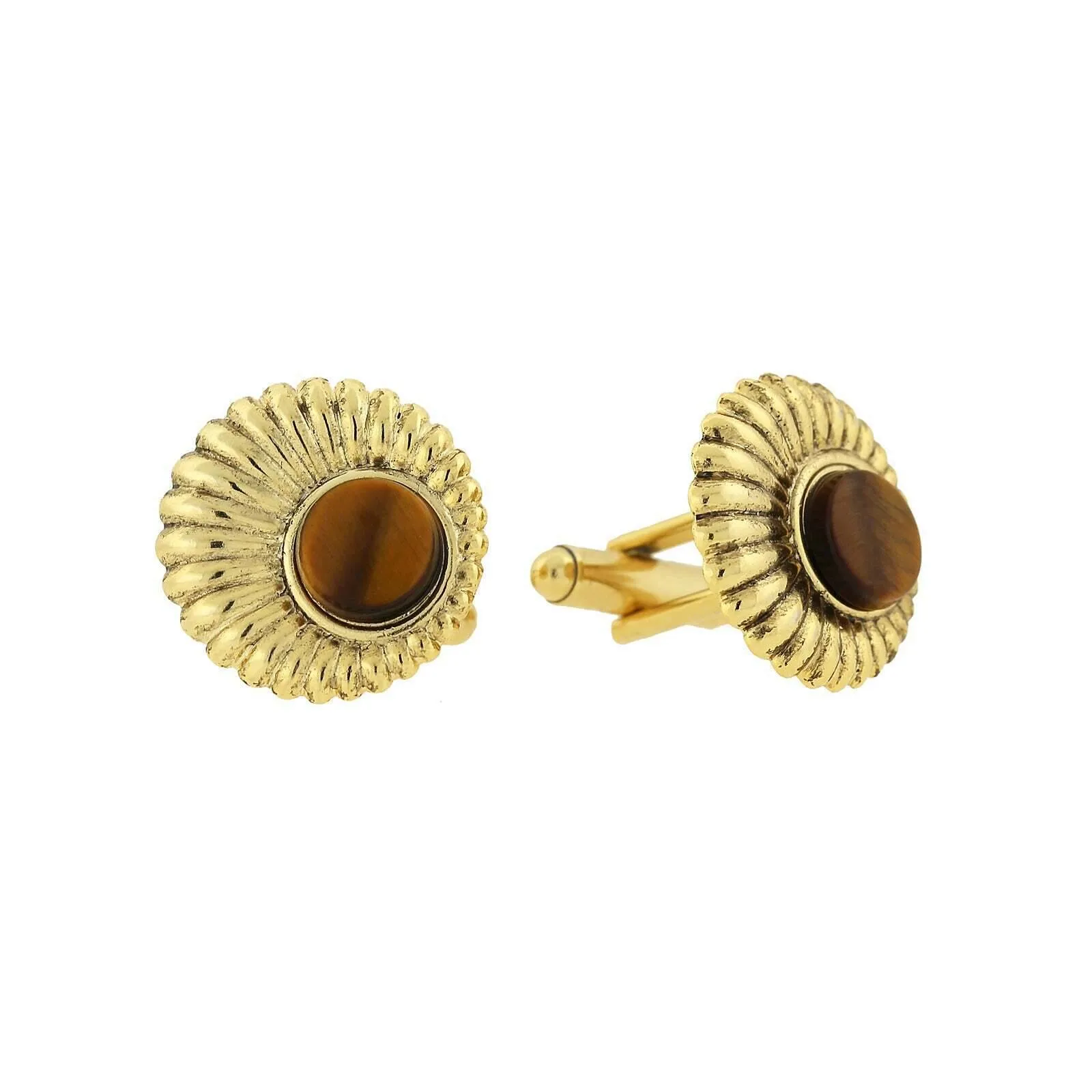 1928 Jewelry Round Tigers Eye Scalloped Cufflinks