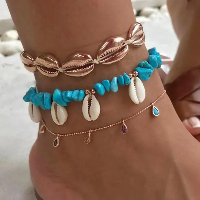 3pcs/sets Bohemian Shell Stone Anklets for Women