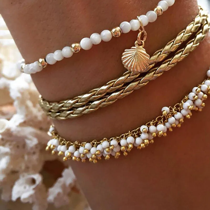 3pcs/sets White Beaded Anklets for Women