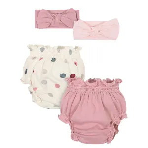 4-Piece Baby Girls Dark Pink & White Dots Diaper Cover & Headband Set