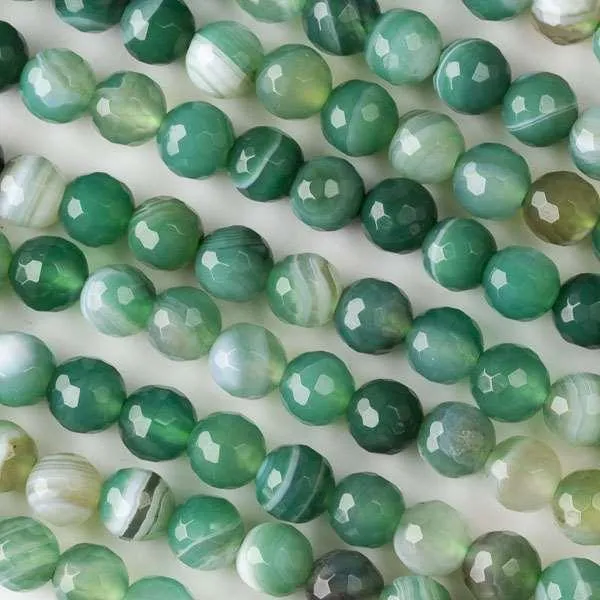 6mm Round Grade A Gemstone Beads - Faceted Green Stripe Agate (Pack of 10)