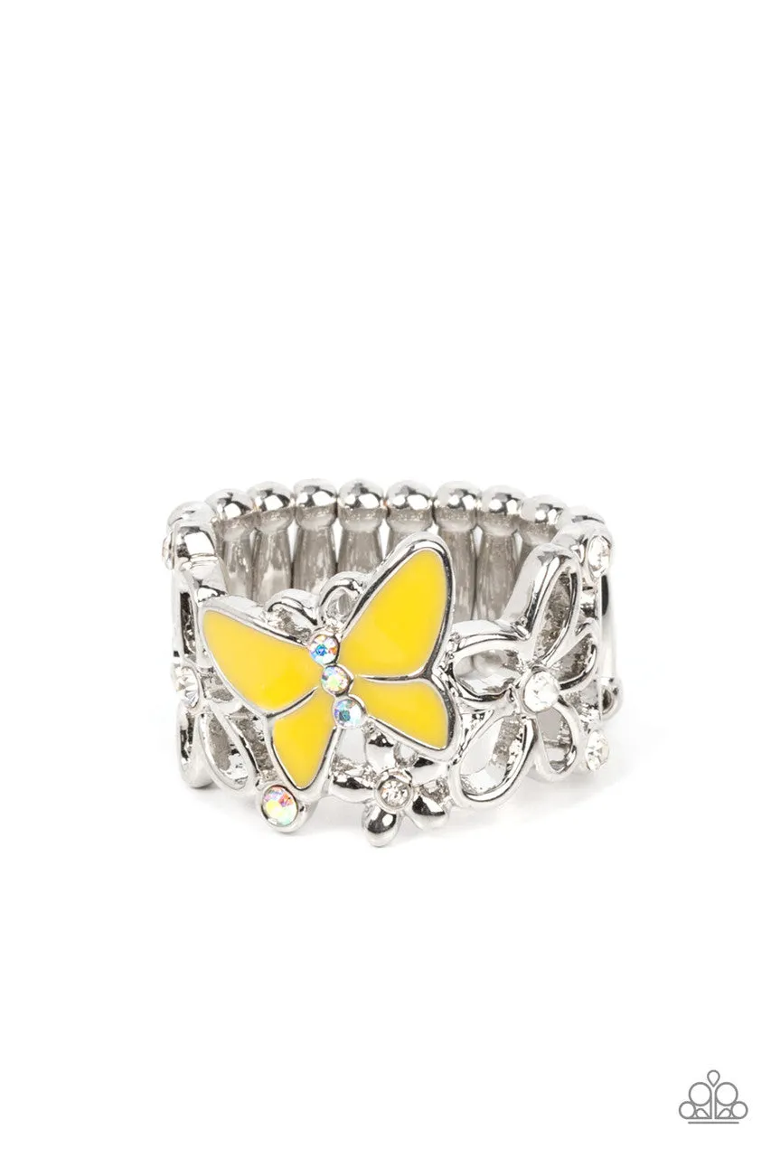 All FLUTTERED Up - Yellow - Painted Butterfly Iridescent Rhinestone Paparazzi Ring