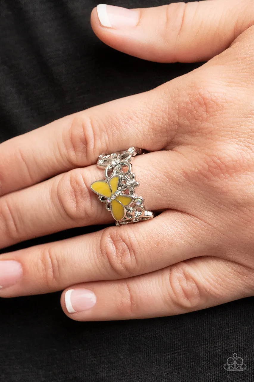 All FLUTTERED Up - Yellow - Painted Butterfly Iridescent Rhinestone Paparazzi Ring