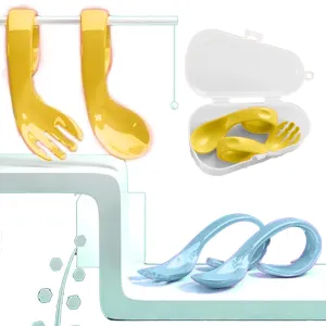 Babymoon | Set of 3 | Learn to Eat Baby Self Feeding Set | Silicone Spoon and Fork along with Storage Box | Yellow | Blue