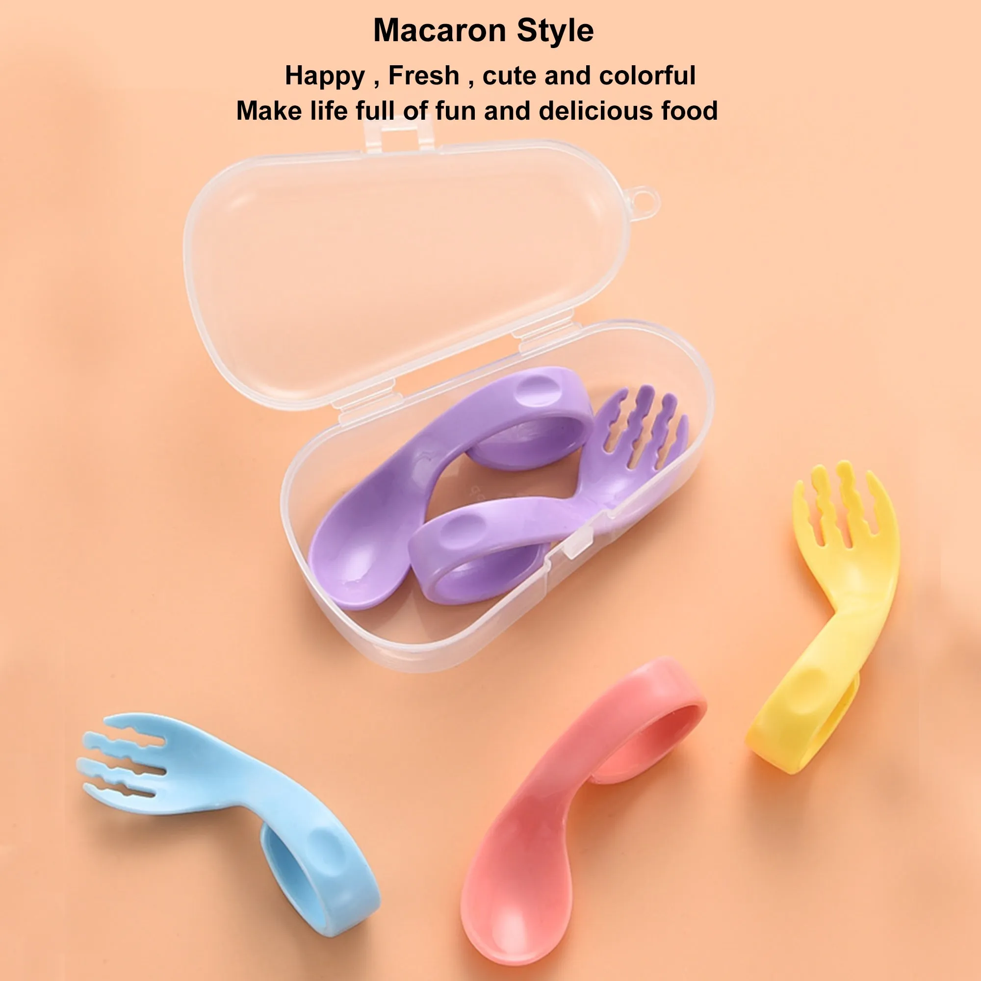 Babymoon | Set of 3 | Learn to Eat Baby Self Feeding Set | Silicone Spoon and Fork along with Storage Box | Yellow | Blue