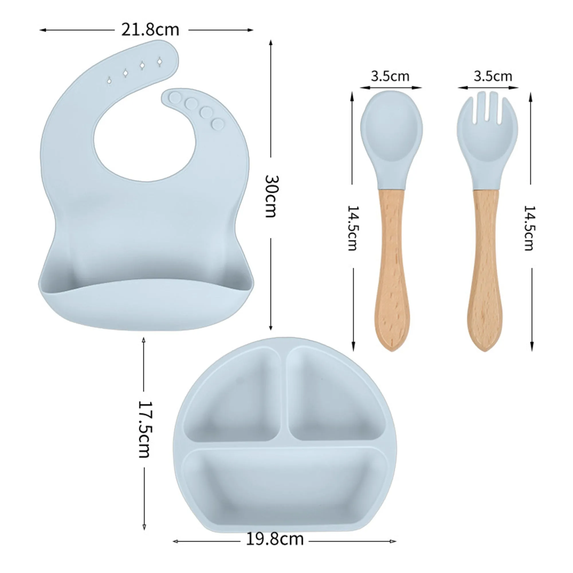 Babymoon Set of 4 | Silicone BPA Free Baby Kids Feeding Dinner Set Gift Box | Dinner Plate, Spoon & Fork, Silicone Bib | Grey