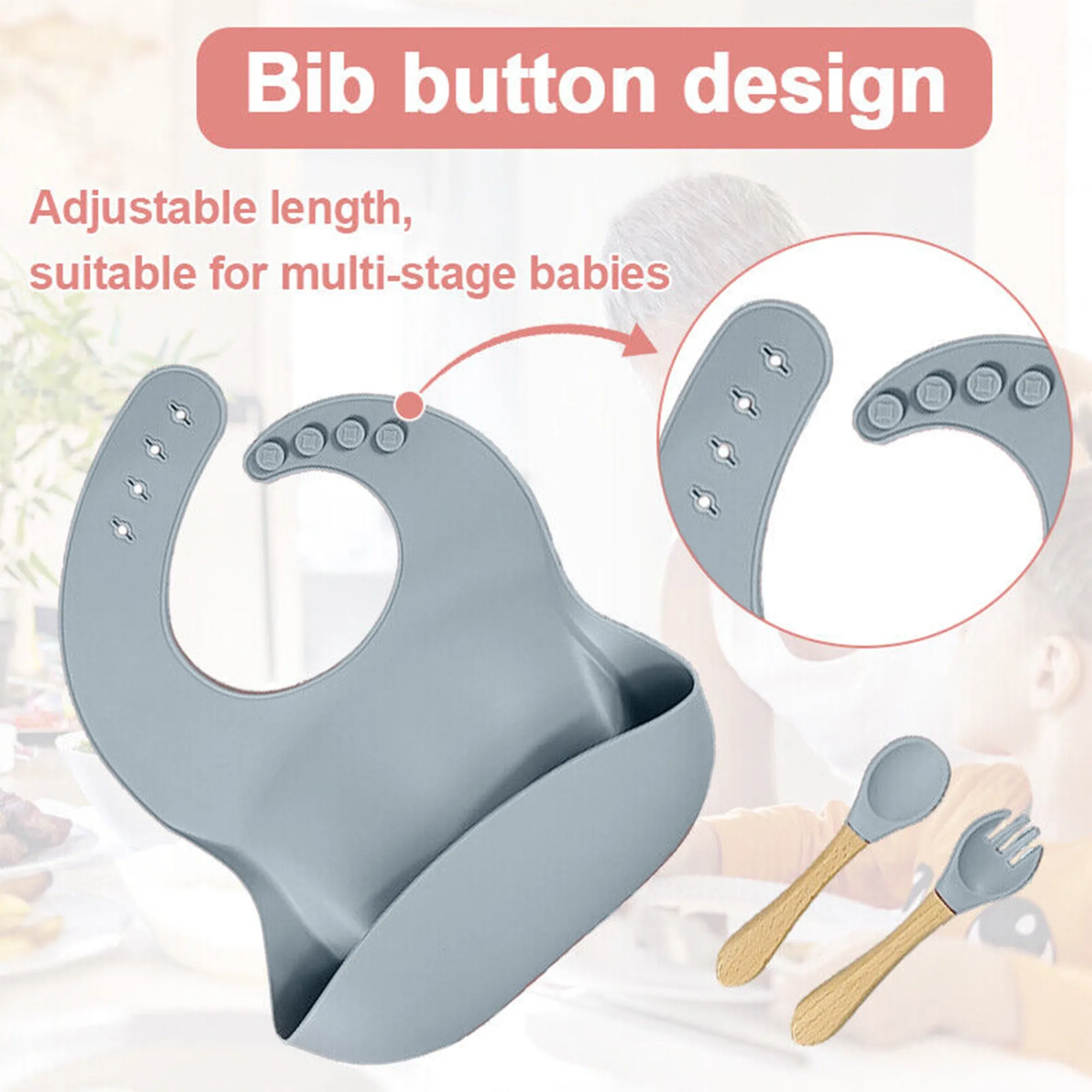 Babymoon Set of 4 | Silicone BPA Free Baby Kids Feeding Dinner Set Gift Box | Dinner Plate, Spoon & Fork, Silicone Bib | Grey