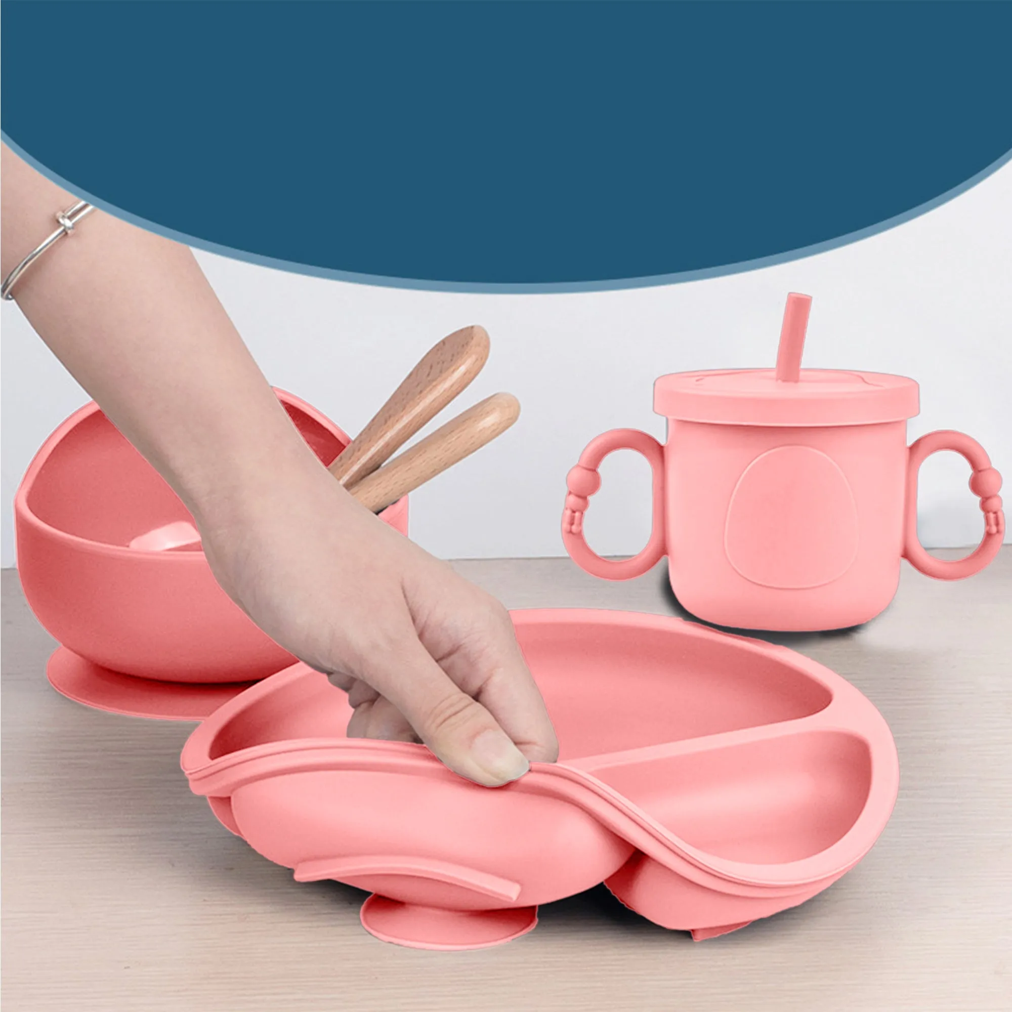 Babymoon Set of 6 | Silicone BPA Free Baby Kids Feeding Dinner Set Gift Box | Dinner Plate | Spoon & Fork | Silicone Bib | Cup | Bowl | Pink