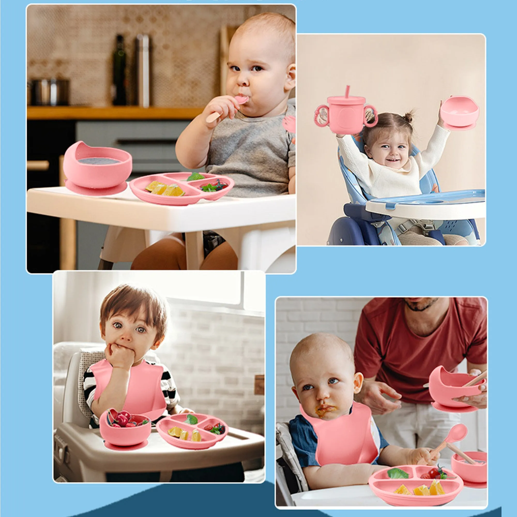 Babymoon Set of 6 | Silicone BPA Free Baby Kids Feeding Dinner Set Gift Box | Dinner Plate | Spoon & Fork | Silicone Bib | Cup | Bowl | Pink