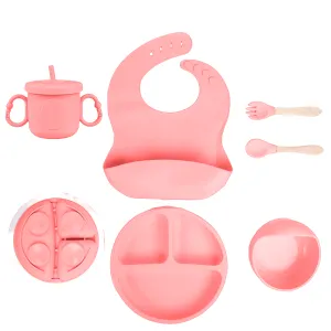 Babymoon Set of 6 | Silicone BPA Free Baby Kids Feeding Dinner Set Gift Box | Dinner Plate | Spoon & Fork | Silicone Bib | Cup | Bowl | Pink