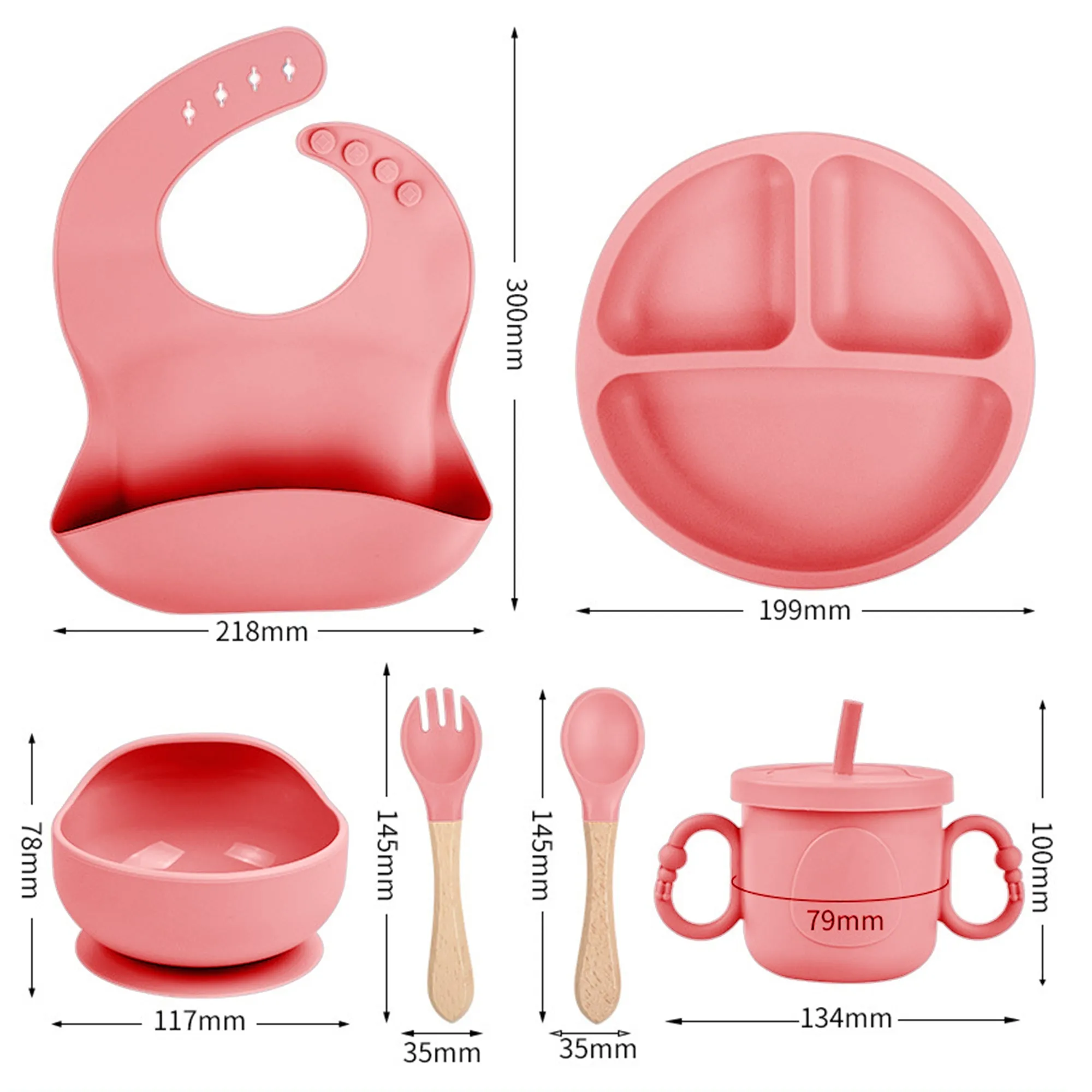 Babymoon Set of 6 | Silicone BPA Free Baby Kids Feeding Dinner Set Gift Box | Dinner Plate | Spoon & Fork | Silicone Bib | Cup | Bowl | Pink