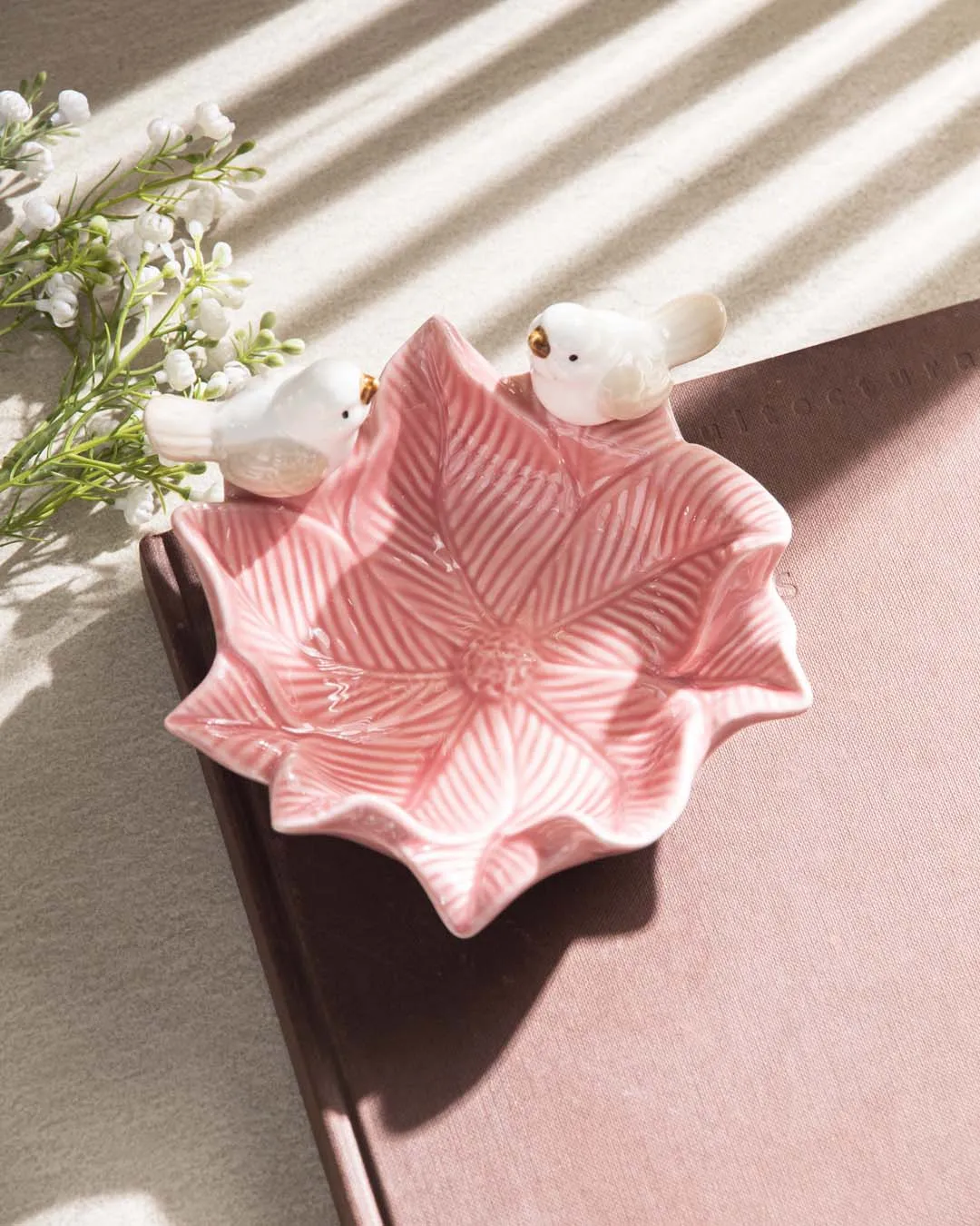 Bird on Leaf Ring Dish - Pink