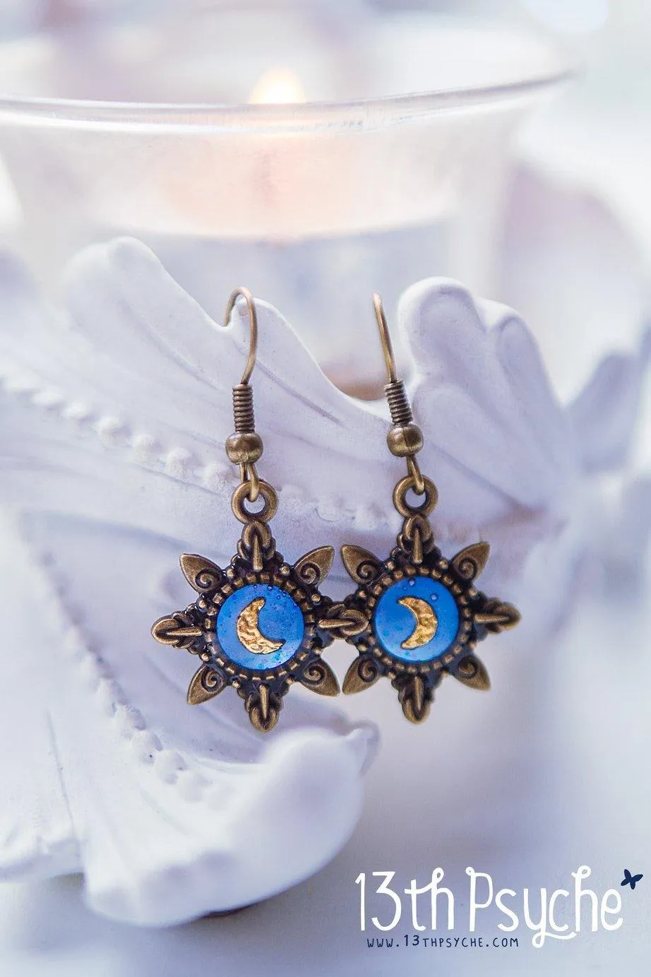 Blue star gold moon resin dangle earrings