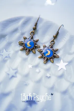 Blue star gold moon resin dangle earrings