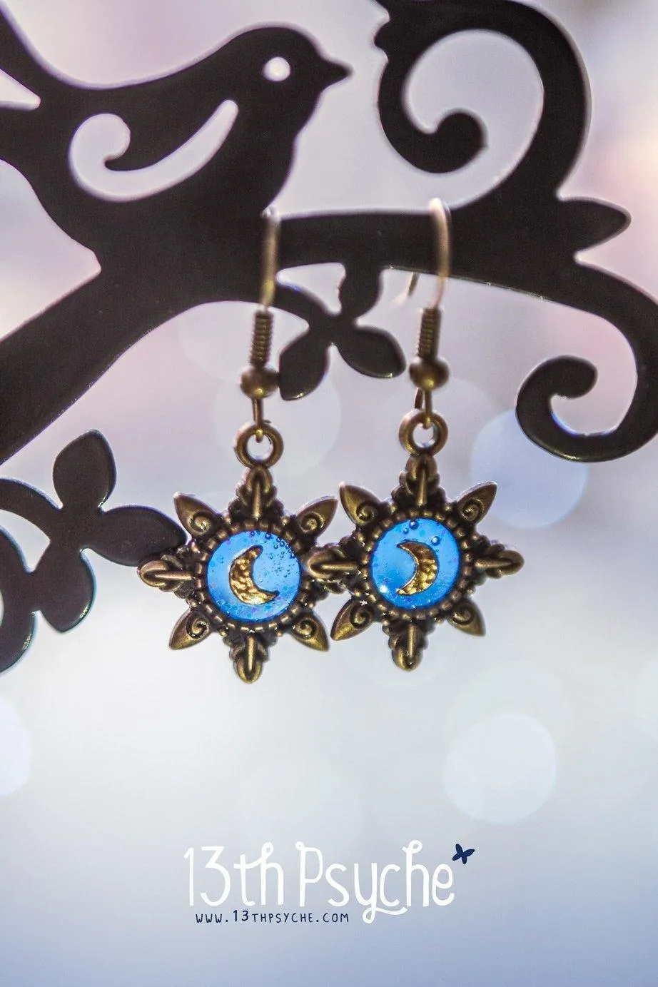 Blue star gold moon resin dangle earrings