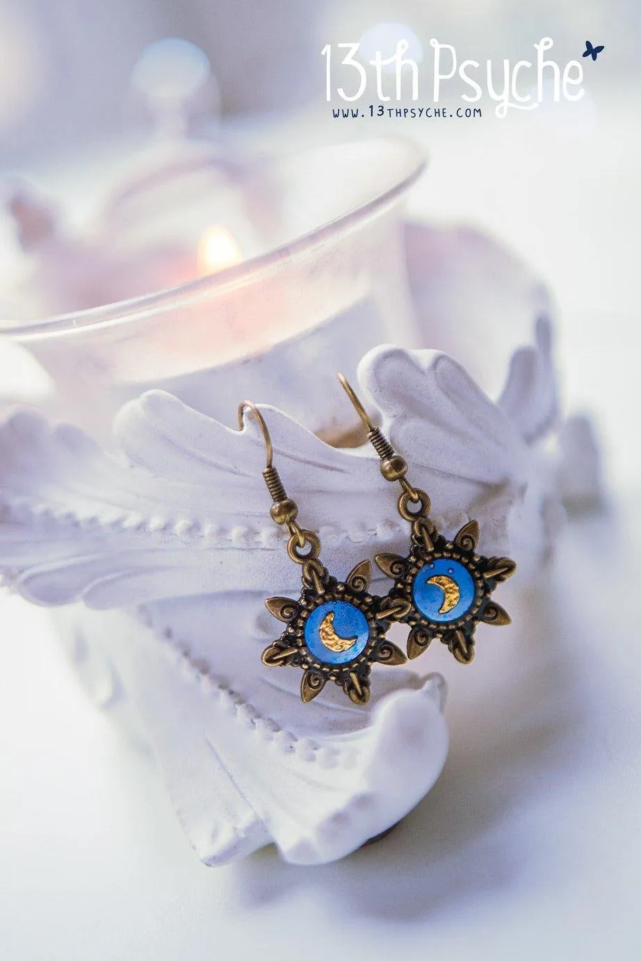 Blue star gold moon resin dangle earrings