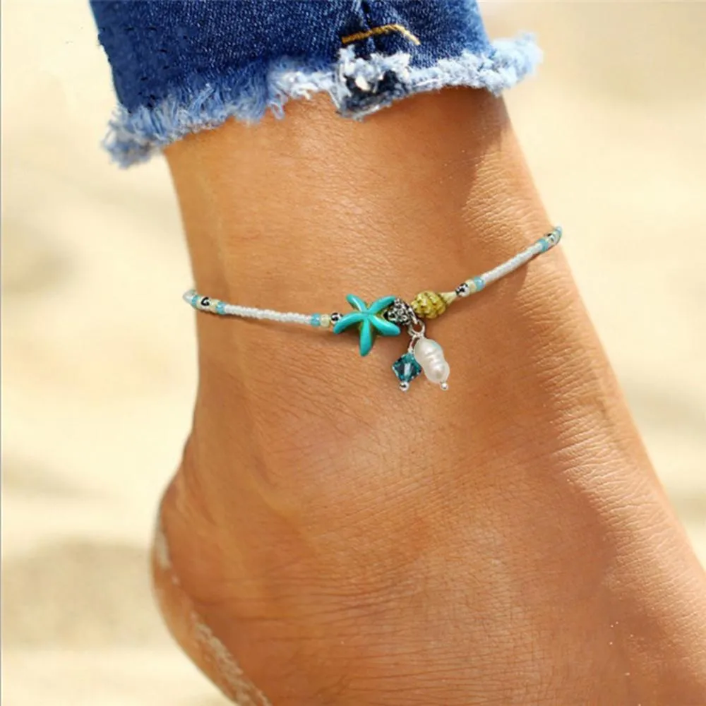 Bohemian Fashion Women Anklet  Starfish Shell Conch Stone Beaded Bracelet