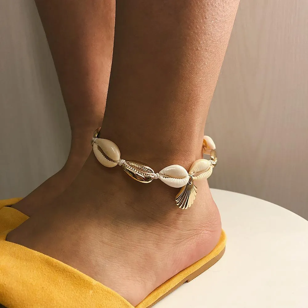 Bohemian Shell Anklets for Women Handmade Leather Woven