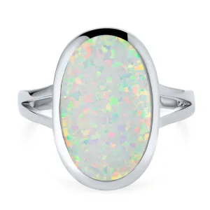 Boho Gemstone Silver Ring with Iridescent White Opal - Sterling Split Shank Design