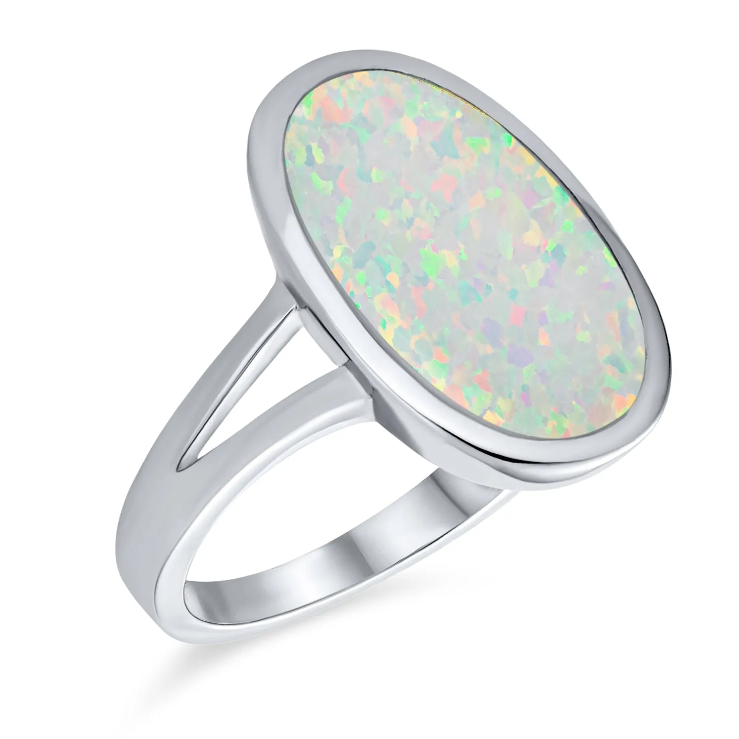 Boho Gemstone Silver Ring with Iridescent White Opal - Sterling Split Shank Design