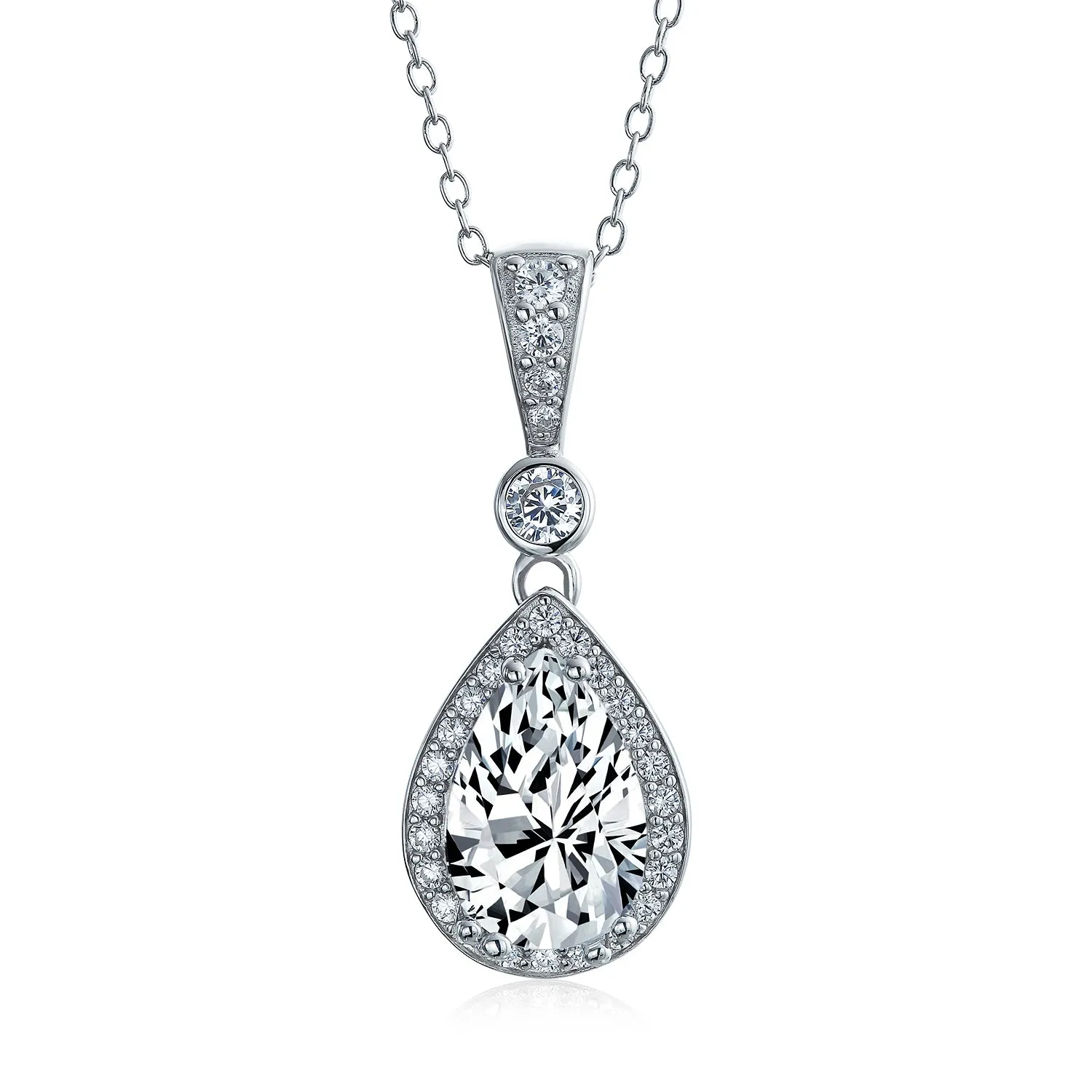 Bridal Necklace CZ Teardrop Solitaire Pendant for Wedding in Sterling Silver