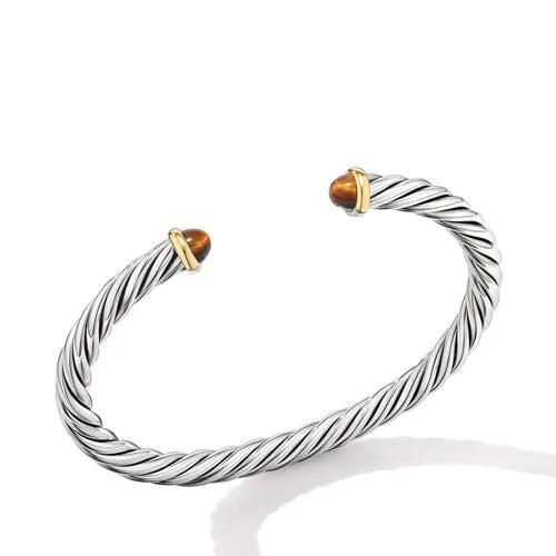 Cable Cuff Bracelet in Sterling Silver with 14K Yellow Gold and Tiger's Eye, Size Medium