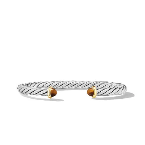 Cable Cuff Bracelet in Sterling Silver with 14K Yellow Gold and Tiger's Eye, Size Medium