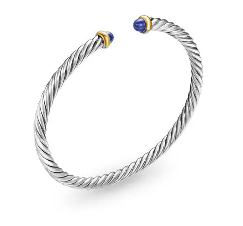 Cable Flex Bracelet in Sterling Silver with 14K Yellow Gold and Lapis Lazuli, 4mm