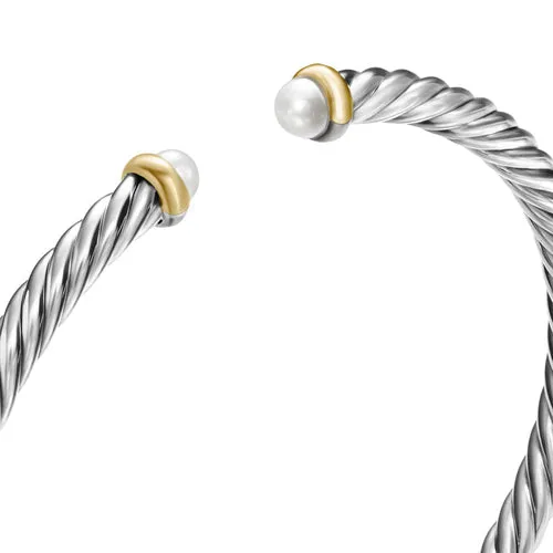 Cable Flex Bracelet in Sterling Silver with 14K Yellow Gold and Pearls, 4mm