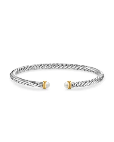 Cable Flex Bracelet in Sterling Silver with 14K Yellow Gold and Pearls, 4mm