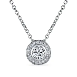 Classic Art Deco Bridal Necklace CZ Halo Circle Pendant Sterling Silver