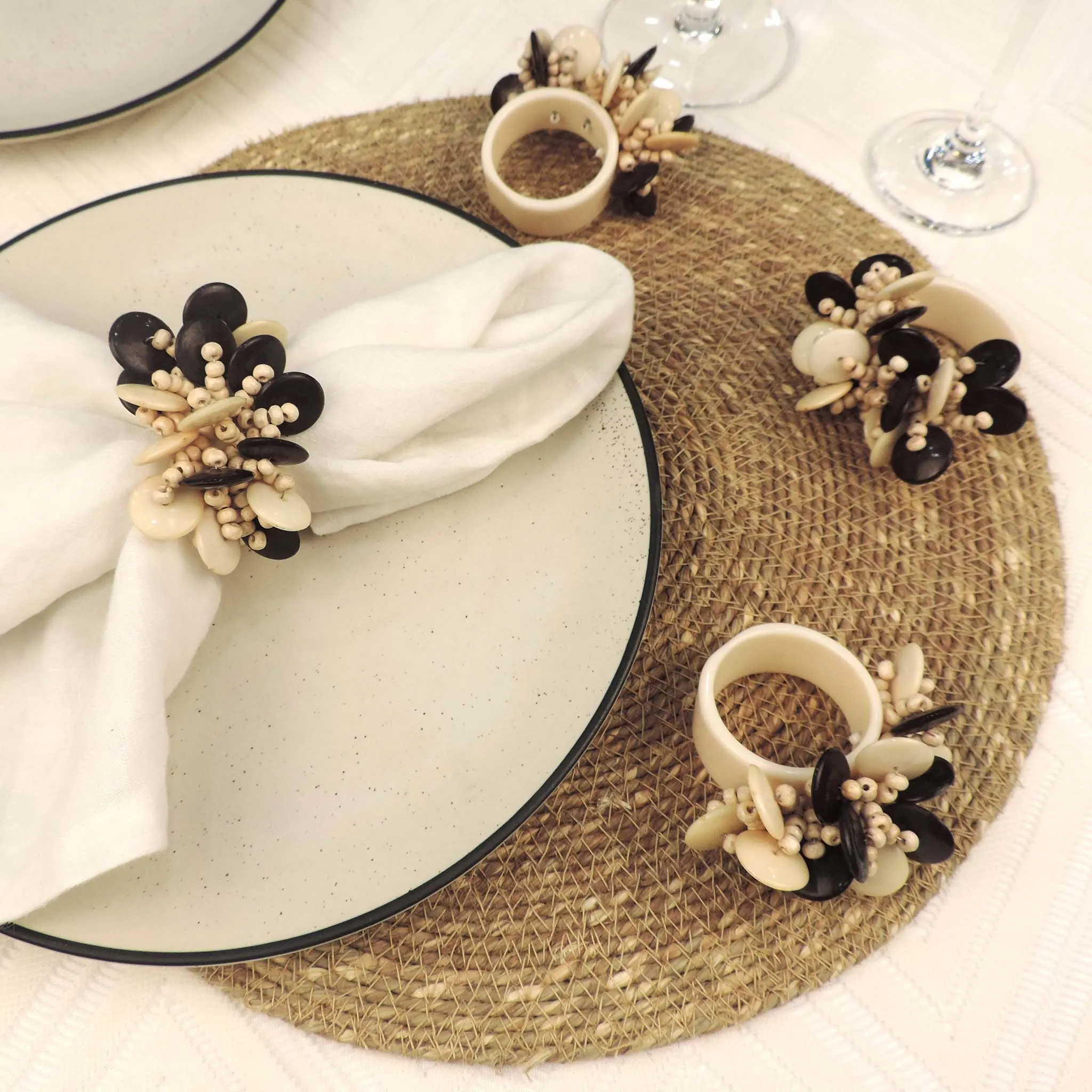 Coin Cluster Napkin Ring in Cream & Brown, Set of 4