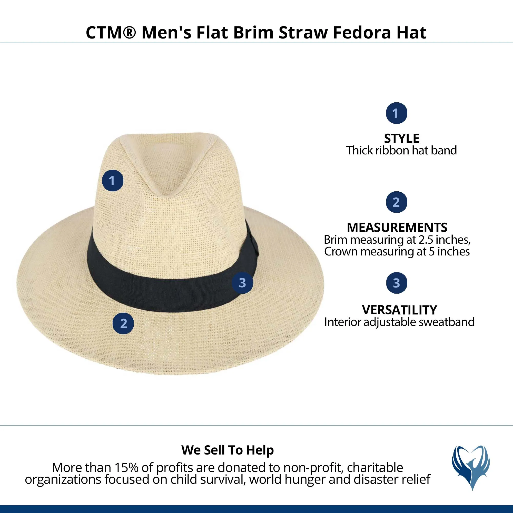 CTM® Men's Flat Brim Straw Fedora Hat