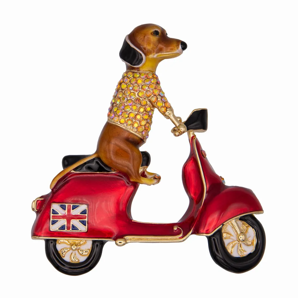 Dachshund on Scooter Brooch