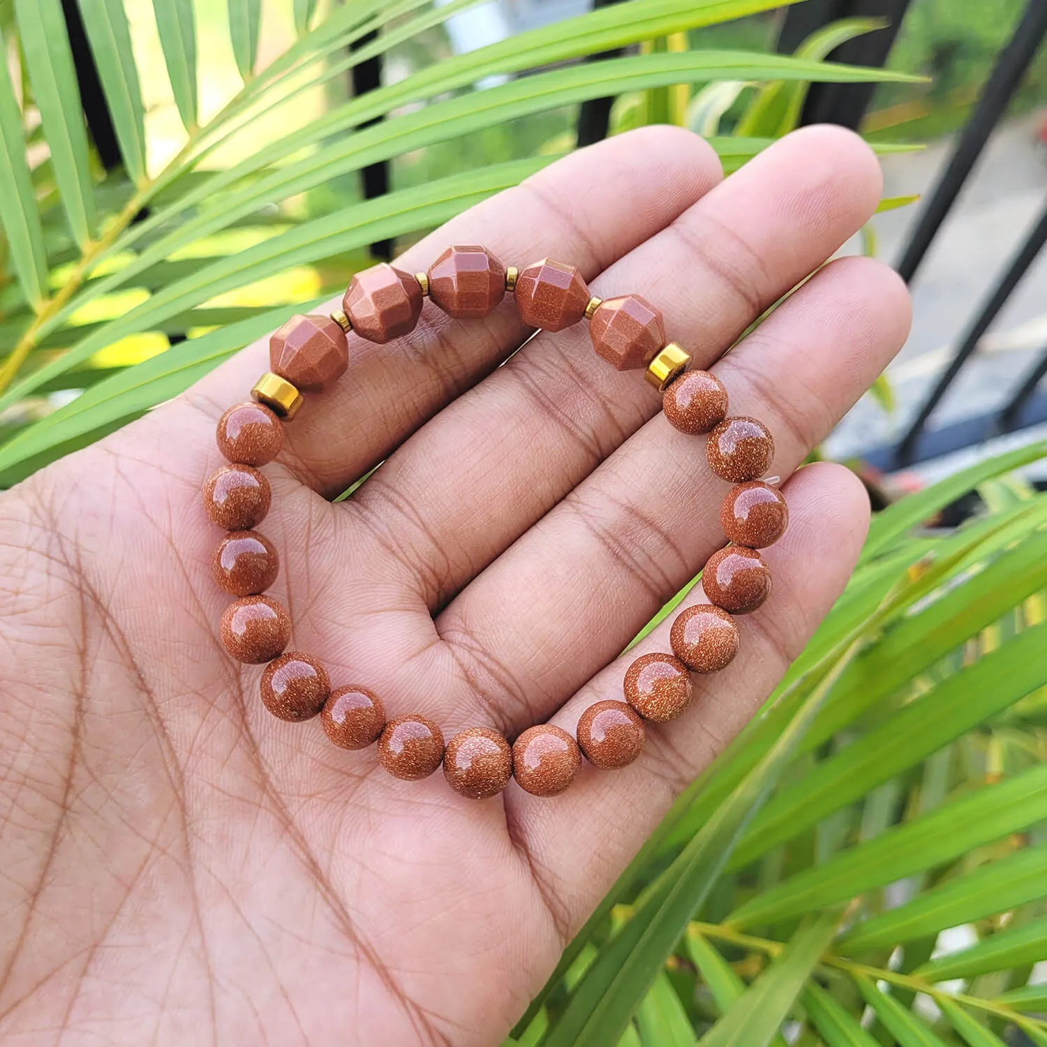 Diamond Cut Golden Sunstone With Golden Hematite Natural Stone Bracelet