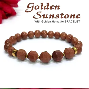 Diamond Cut Golden Sunstone With Golden Hematite Natural Stone Bracelet