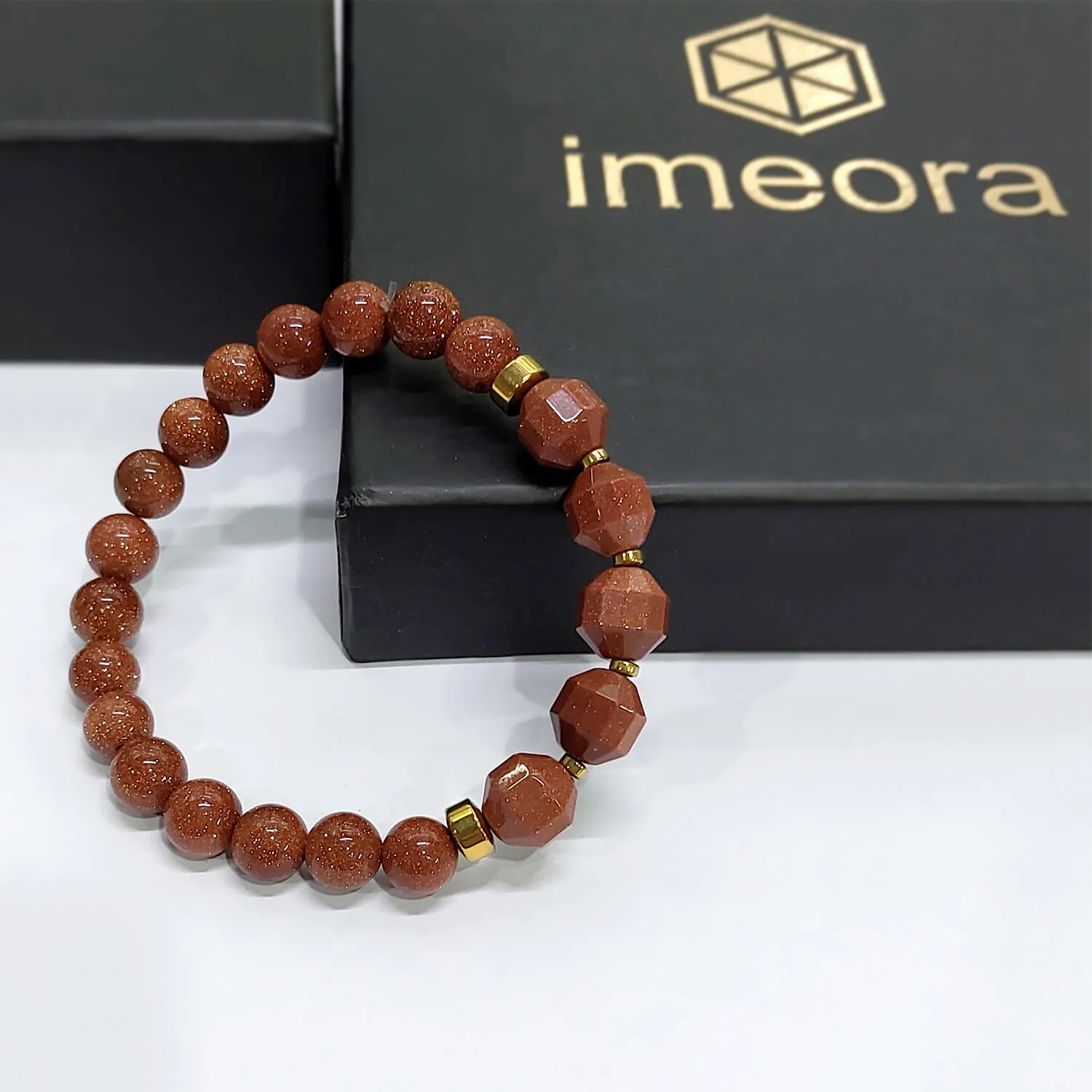 Diamond Cut Golden Sunstone With Golden Hematite Natural Stone Bracelet