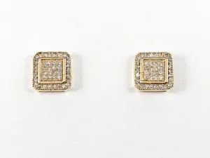 Elegant Fine Pave Style Settings Square Stud CZ Gold Tone Silver Earrings