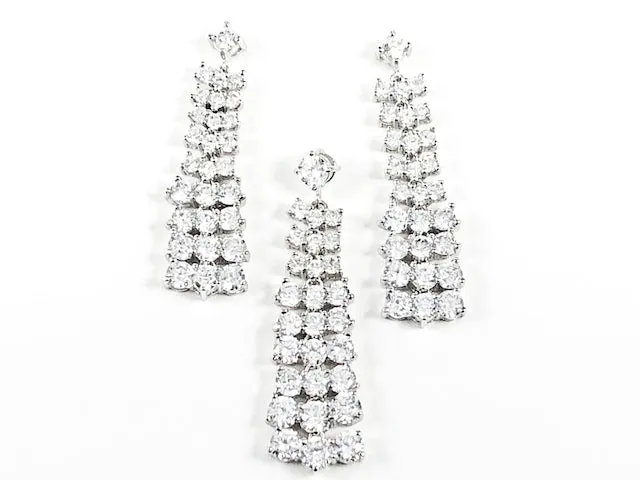 Elegant Multi Row CZ Dangle Design Earring Pendant Silver Set