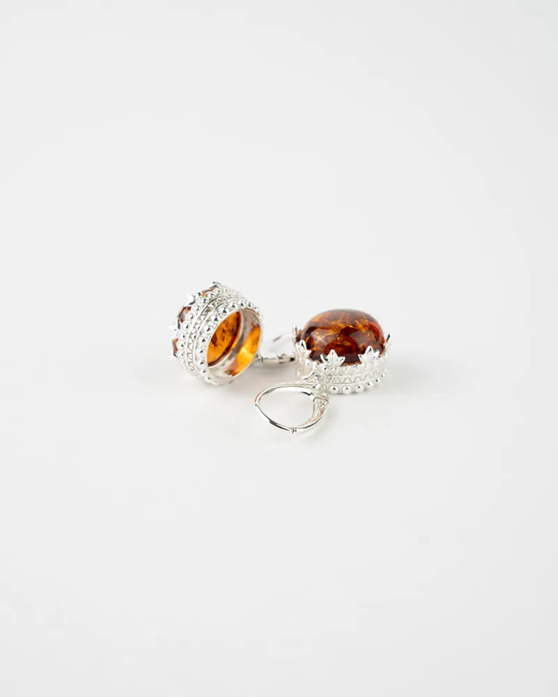 Elegant Princess Crown Drop Earrings - 925 Sterling Silver & Baltic Amber