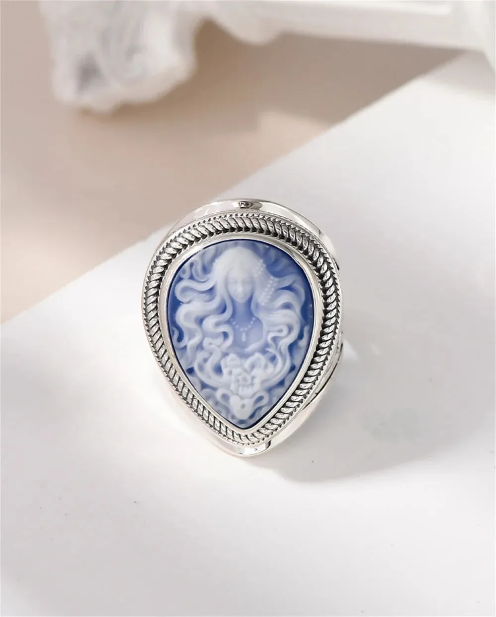 Elena's Spirit S925 Sterling Silver Rings Waterdrop Shaped Shell Agate Cameo Jewellery