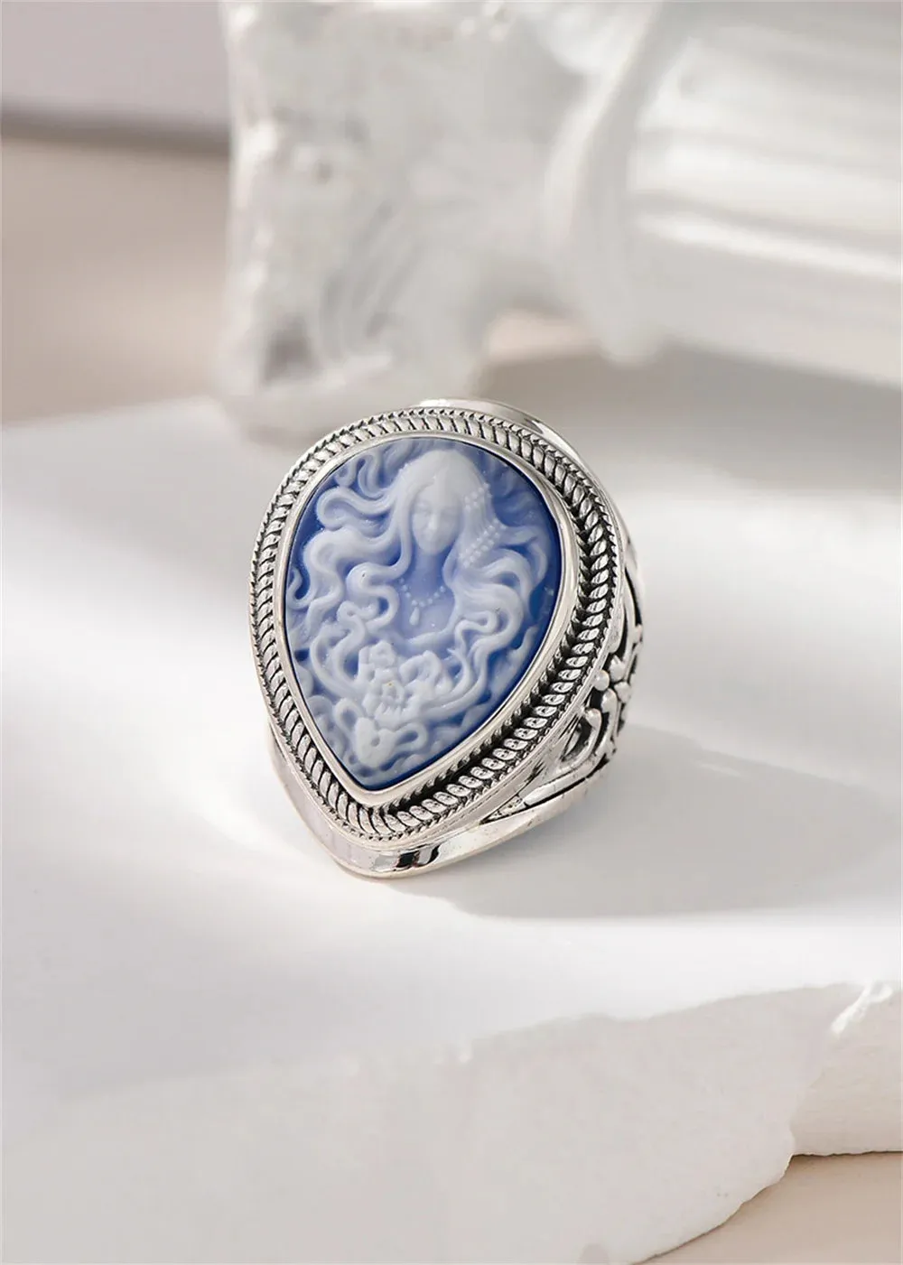 Elena's Spirit S925 Sterling Silver Rings Waterdrop Shaped Shell Agate Cameo Jewellery