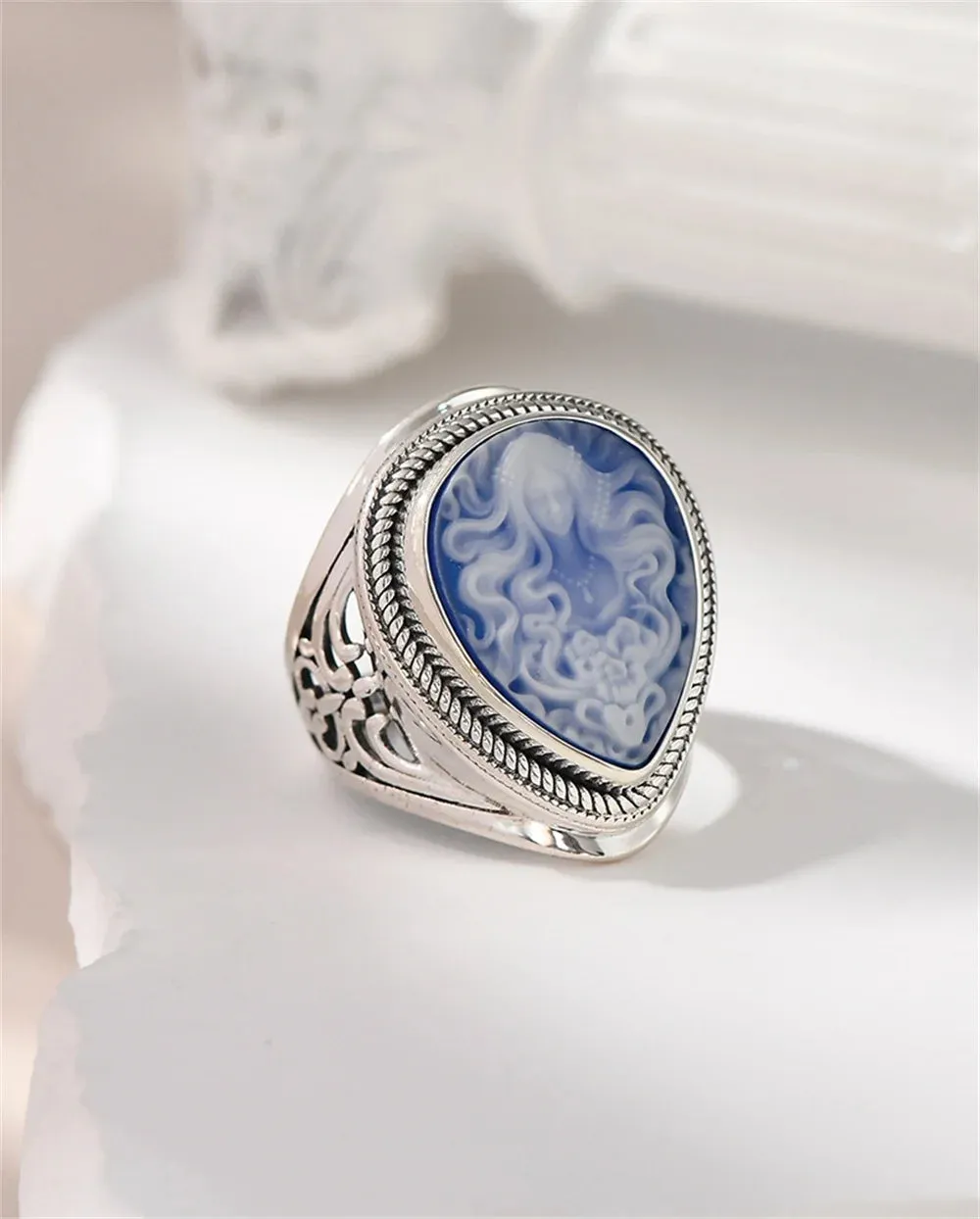 Elena's Spirit S925 Sterling Silver Rings Waterdrop Shaped Shell Agate Cameo Jewellery