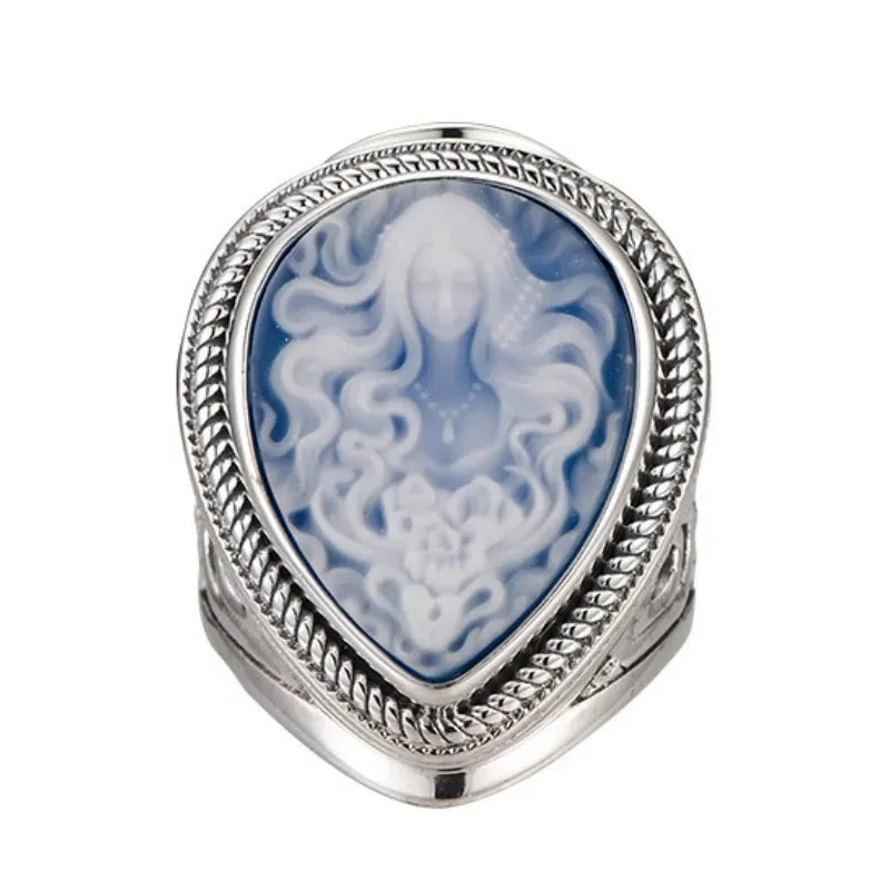 Elena's Spirit S925 Sterling Silver Rings Waterdrop Shaped Shell Agate Cameo Jewellery