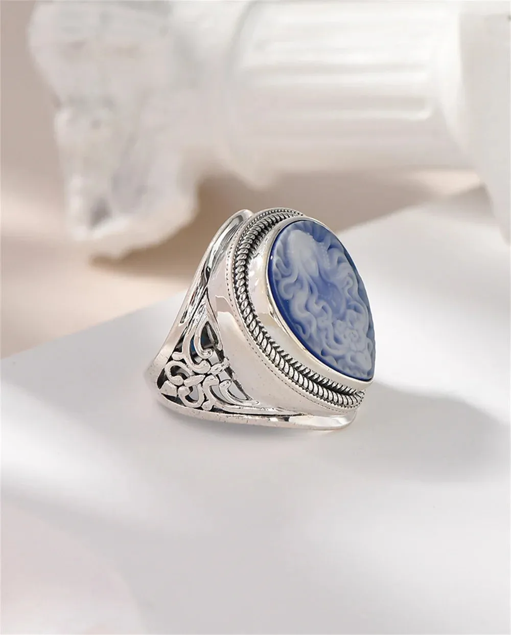 Elena's Spirit S925 Sterling Silver Rings Waterdrop Shaped Shell Agate Cameo Jewellery