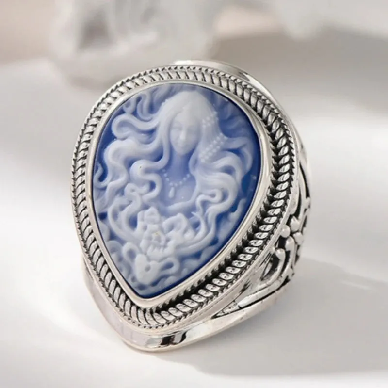 Elena's Spirit S925 Sterling Silver Rings Waterdrop Shaped Shell Agate Cameo Jewellery